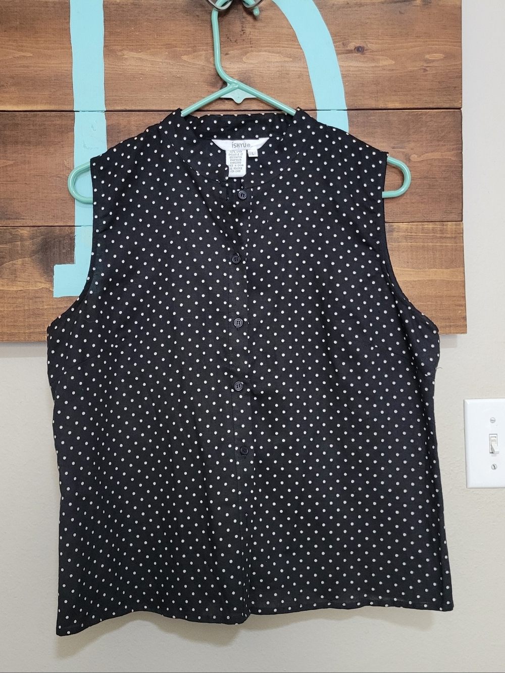 ISHYU Black and White Polka Dot Boxy Linen Button-Front Top Size Large